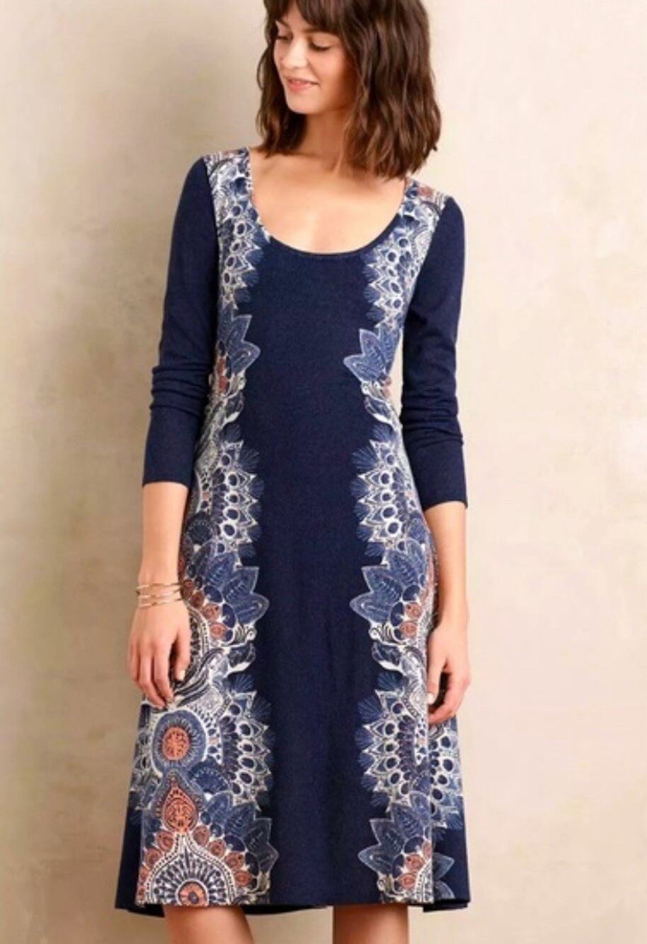 Maeve Anthropologie Navy Blue Jersey Knit Sides BOHO Print Lined Dress Sz S